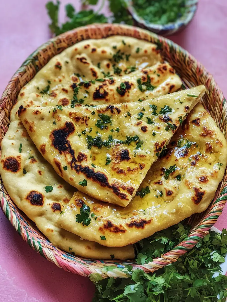 Ein Korb mit frisch gebackenem Naan, garniert mit Koriander und etwas Butter.