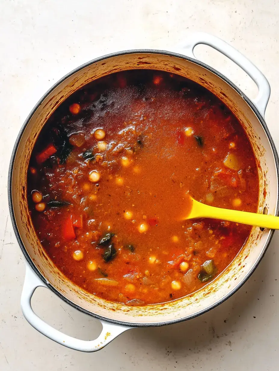 Ein großer Topf voller bunter Suppe, drin viel Gemüse und kleine Klößchen plus ein gelber Löffel.