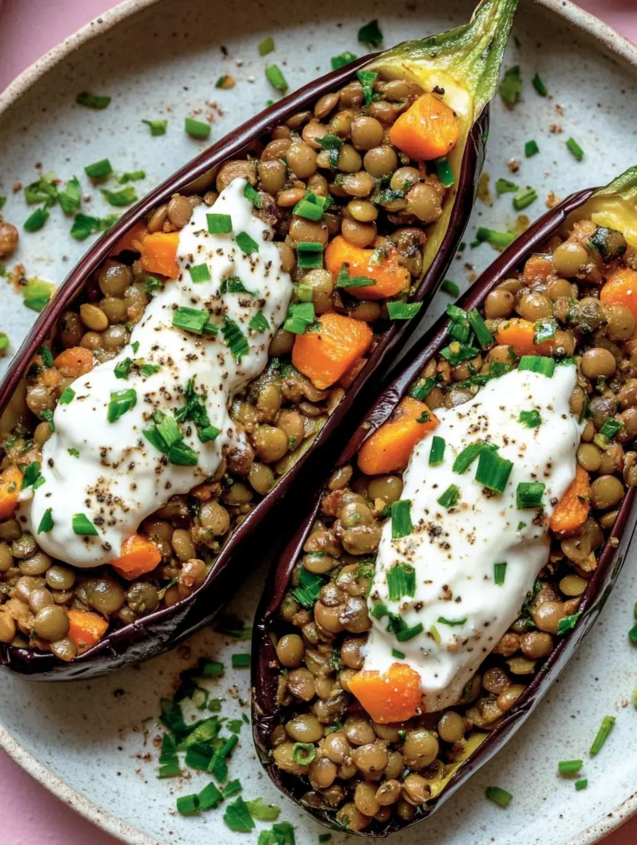 Gegrillte Auberginenhälften gefüllt mit Linsen und Kürbis, garniert mit Joghurt und frischen Kräutern.