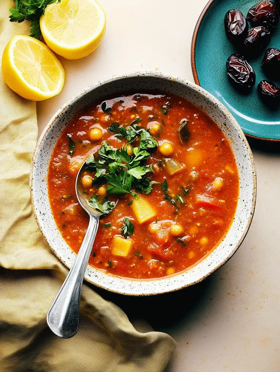 Eine Bowl voll bunter Suppe mit Petersilie obendrauf, daneben halbierte Zitronen und eine kleine Schale Datteln.