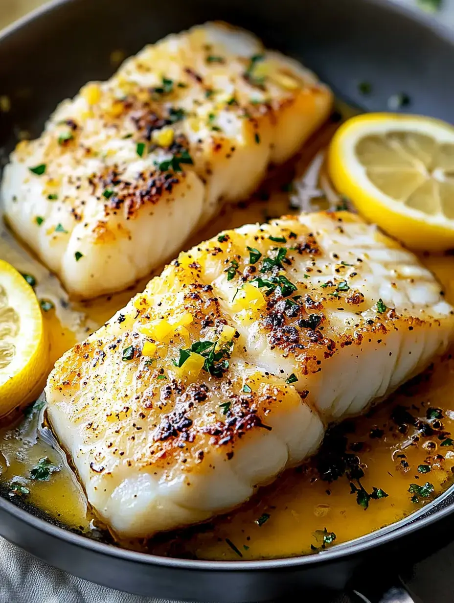Zwei gebratene Filets Fisch mit Zitronenscheiben und frischen Kräutern in der Pfanne.