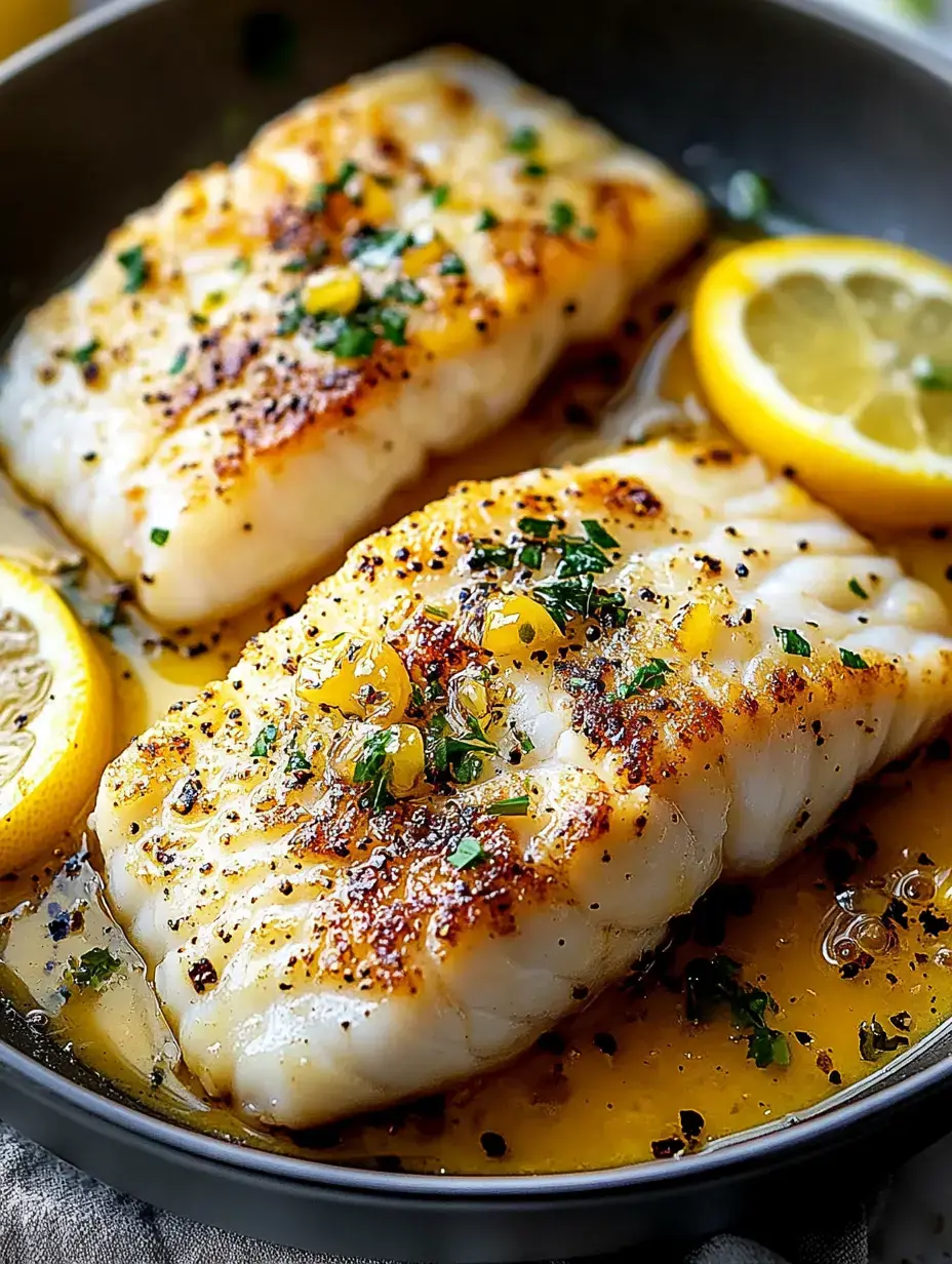 Zwei gebratene Fischfilets in einer Pfanne, dazu Kräuter und Zitronenscheiben in einer würzigen Sauce.