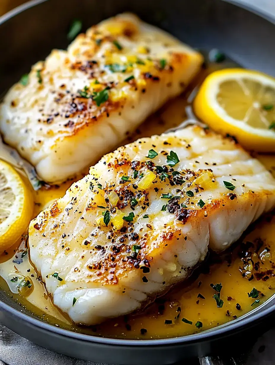 Zwei gebratene Fischfilets liegen in einer Pfanne mit Kräutern und Zitronenscheiben.