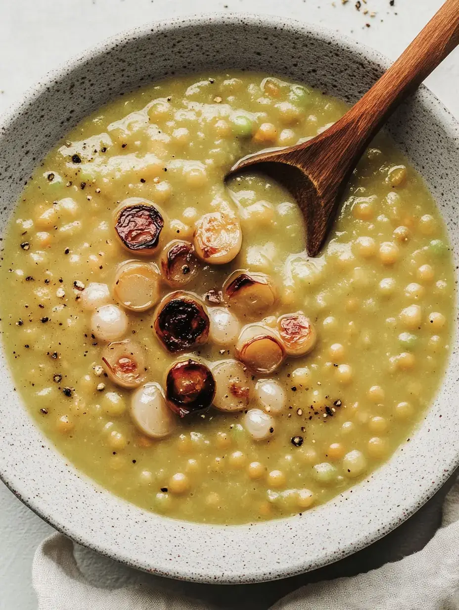 Schale voller cremiger Erbsensuppe mit gebratenen Zwiebeln und ordentlich schwarzem Pfeffer.
