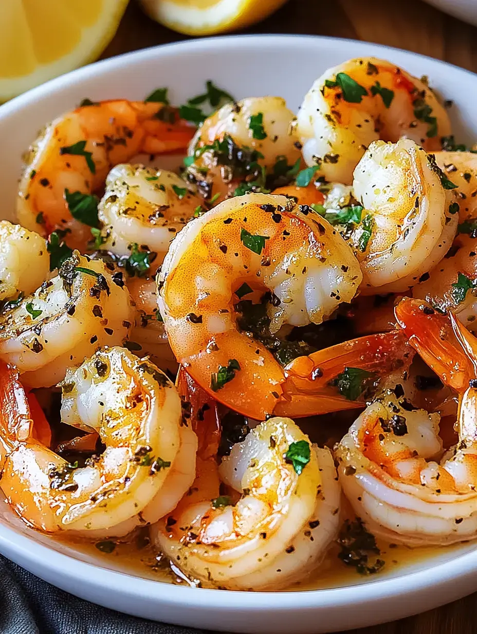 Weiße Schüssel mit saftigen Garnelen, frischen Kräutern und Gewürzen.