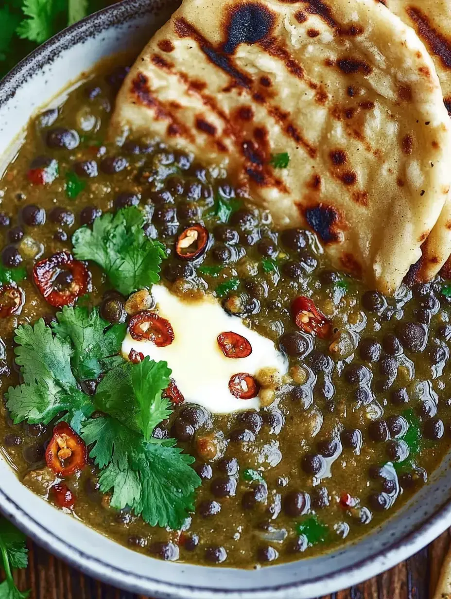 Eine tiefe Schale mit würzigem Linsengericht, garniert mit frischem Koriander, roten Chilischoten und cremigem Joghurt, dazu zwei leicht angekohlte Fladenbrote.