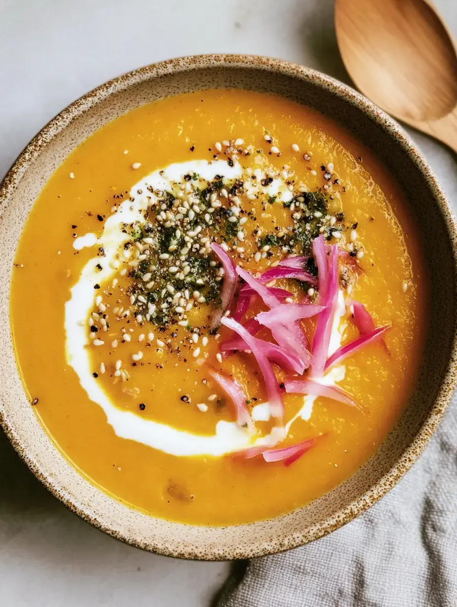 Schale mit orangefarbener Suppe, verziert mit Gewürzen, Joghurt, Sesam und zarten Zwiebelringen.
