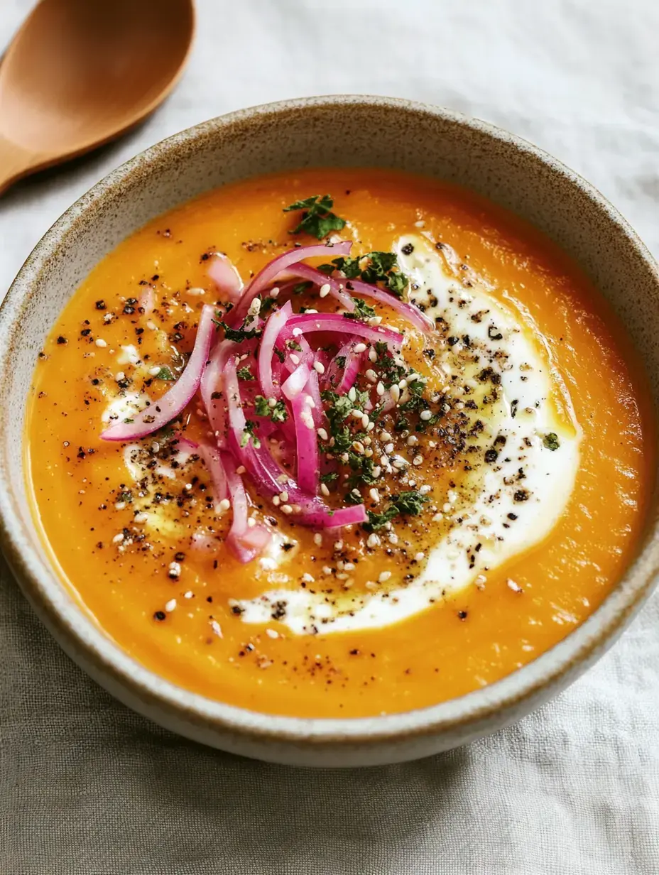 Knallorangen Suppe im Teller, garniert mit roten Zwiebeln, Kräutern und cremigem Topping.