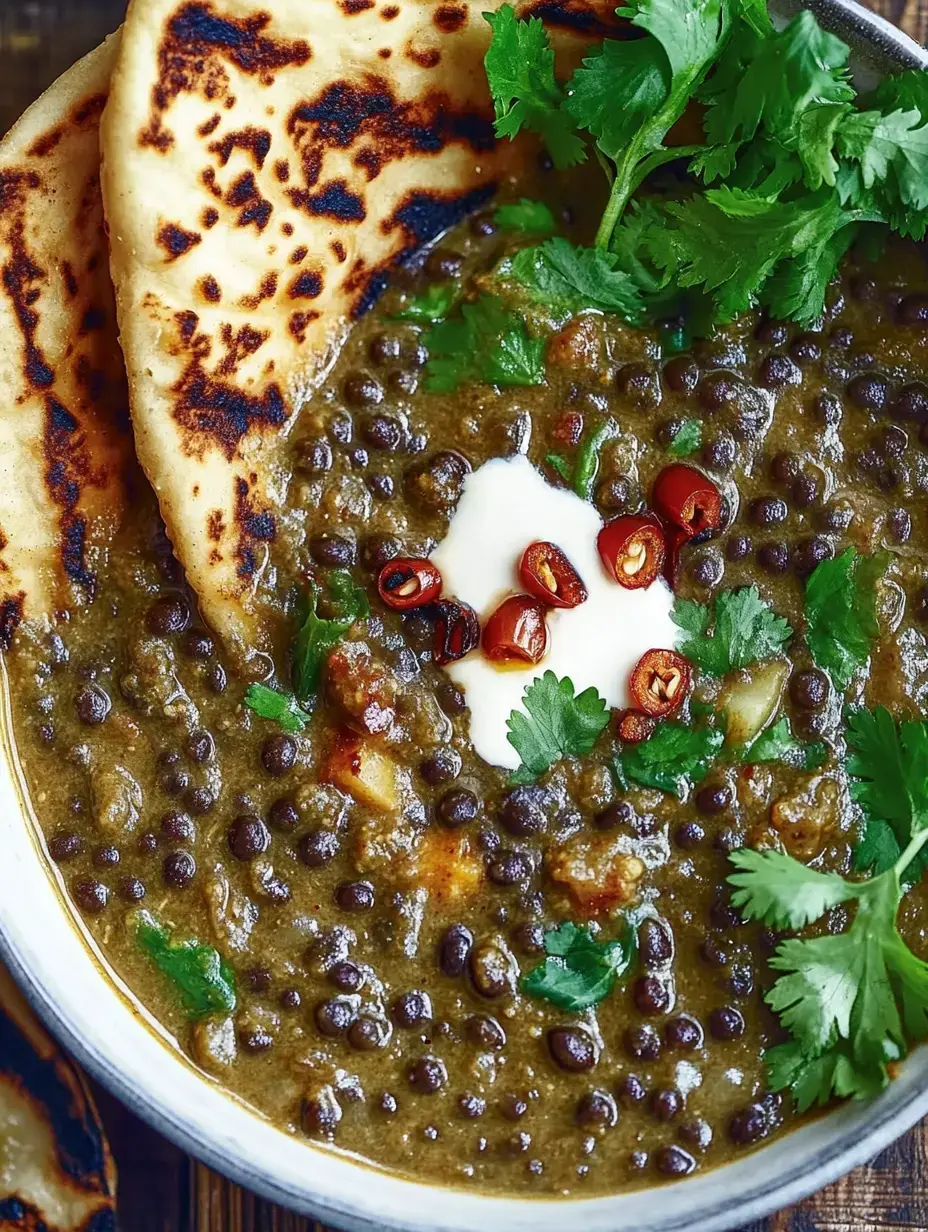 Ein tiefer Teller mit würzigem Dal, garniert mit frischem Grün, scharfen Chilis und einem Klecks Joghurt, dazu zwei rustikale Fladenbrote.