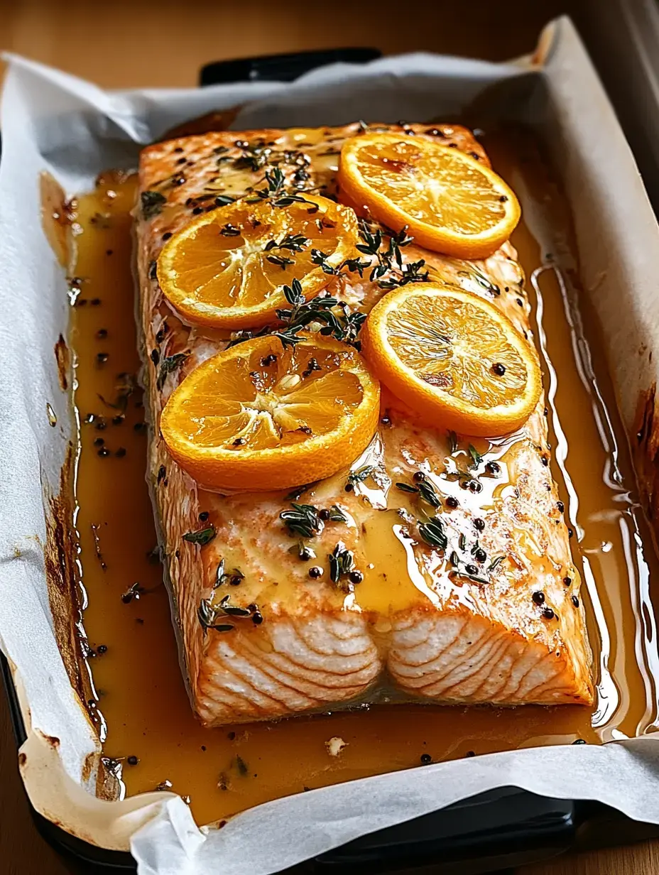 Ein gebratener Lachs, getoppt mit Orangenscheiben und frischen Kräutern in einer glänzenden Honigschicht, ruht auf dem Backblech.