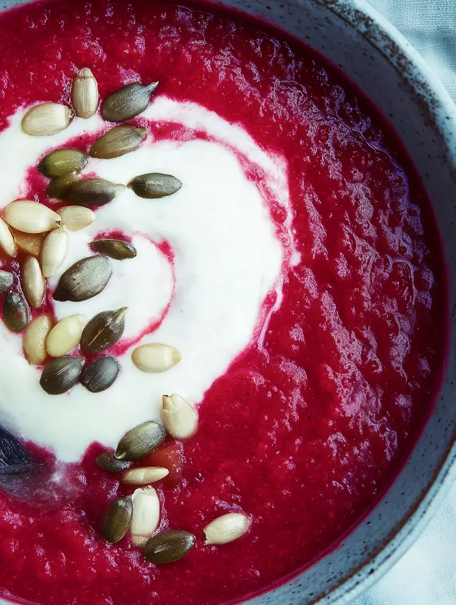 Eine Schüssel voll cremiger Rote-Bete-Suppe, garniert mit Sahne und gerösteten Samen.