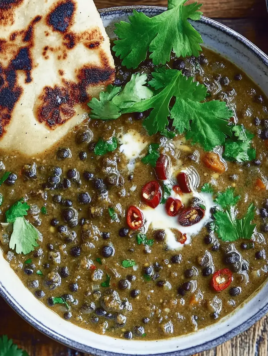 Eine Schüssel mit hellgrünem Linseneintopf, verziert mit Koriander, feurigen Chilischoten und einem Stück knusprigem Fladenbrot.