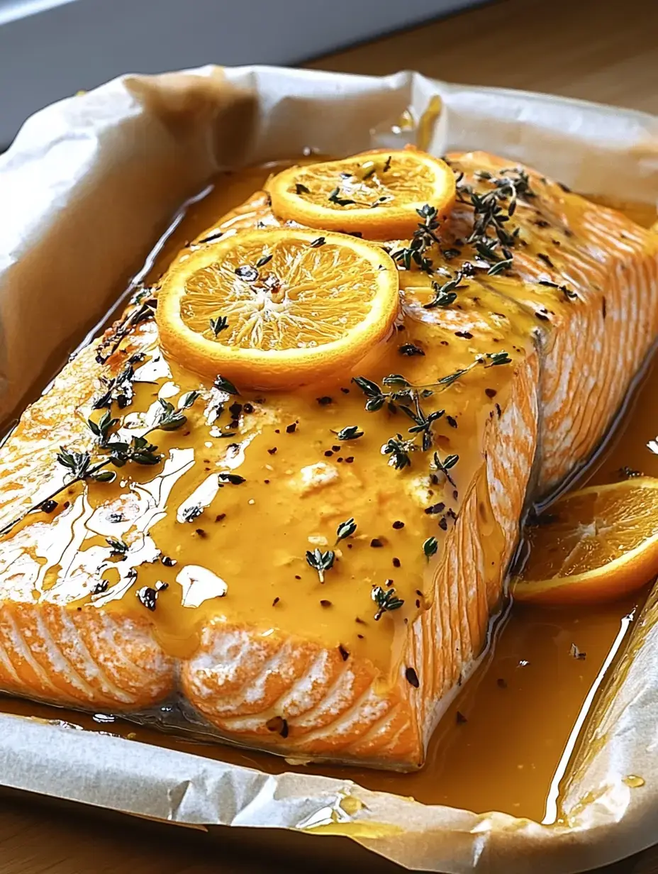 Ein saftiges Lachsfilet mit Orangenmarinade, obenauf frische Orangenscheiben und Kräuter.