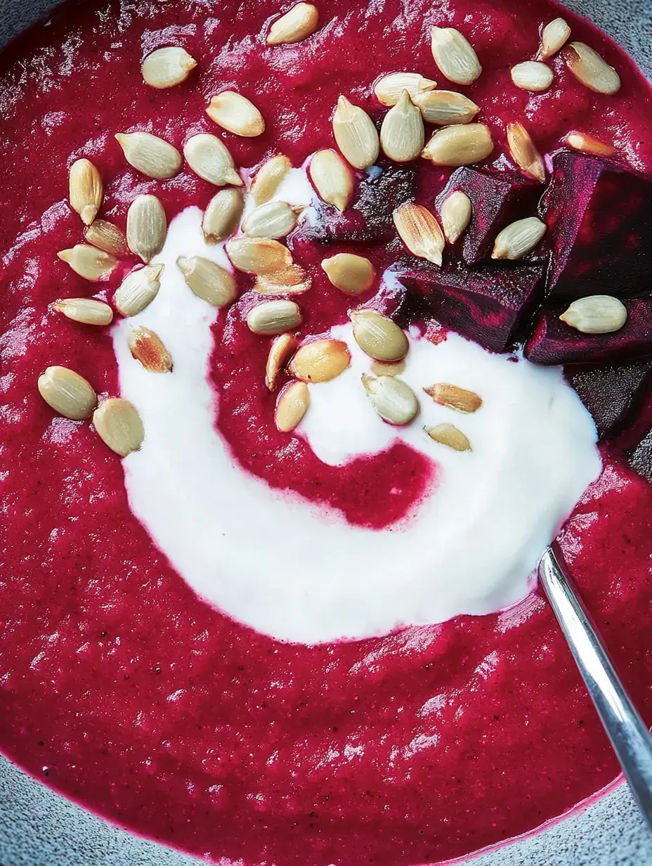 Kräftig rote Suppe mit Joghurtklecks, Rote-Bete-Würfeln und Samen oben drauf.
