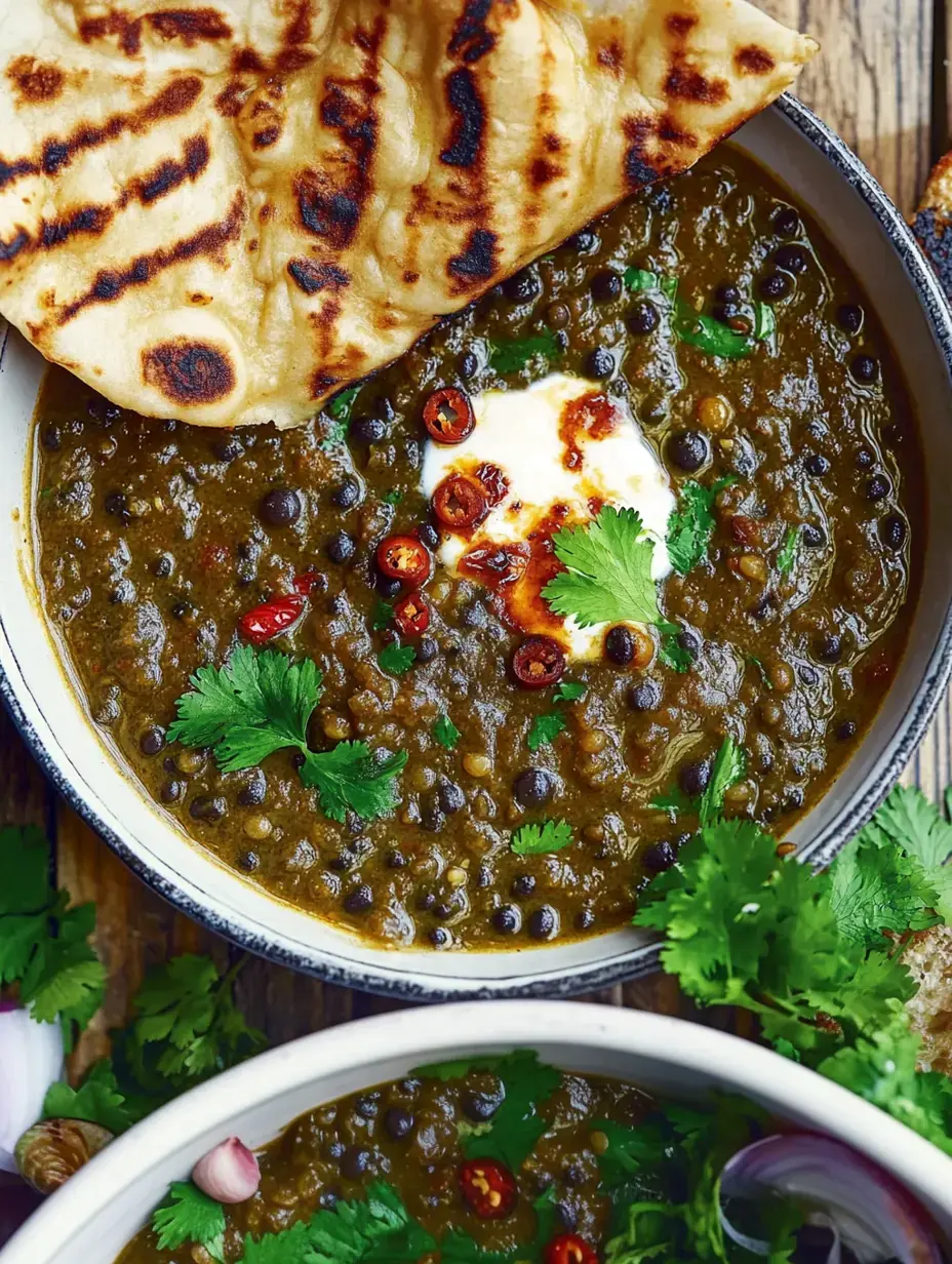Eine tiefe Schale mit grünem Linsengericht, verziert mit Koriander, scharfen Chilischoten und einem Tupfen Joghurt, daneben warmes Naanbrot.