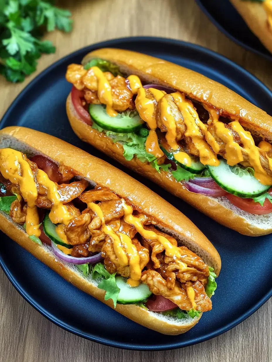 Auf einem schwarzen Teller zwei Sandwiches – mit würzigem Hähnchen, Salat, Tomaten, Gurke und käsiger Sauce belegt.