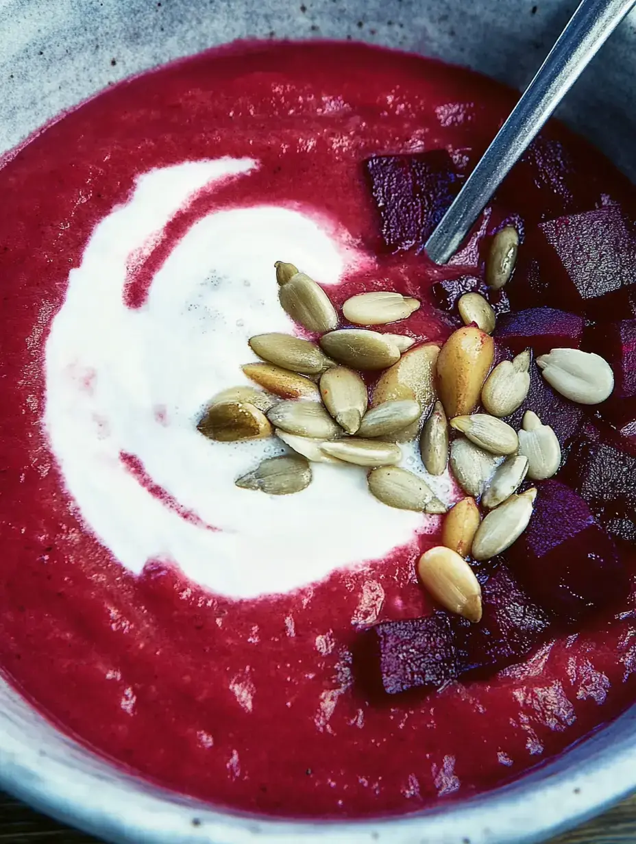 Kräftig rote Suppe in der Schale, getoppt mit Sauerrahm, Rübenwürfeln und Saaten.