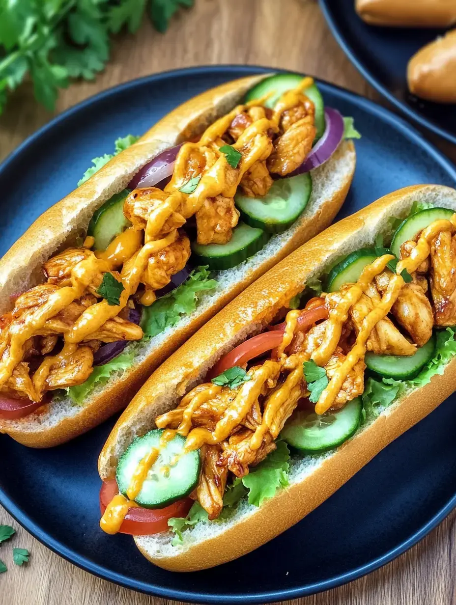 Auf schwarzem Teller: Zwei Sandwiches mit Hähnchen, Tomaten, Gurke, Zwiebel und würziger Sauce.