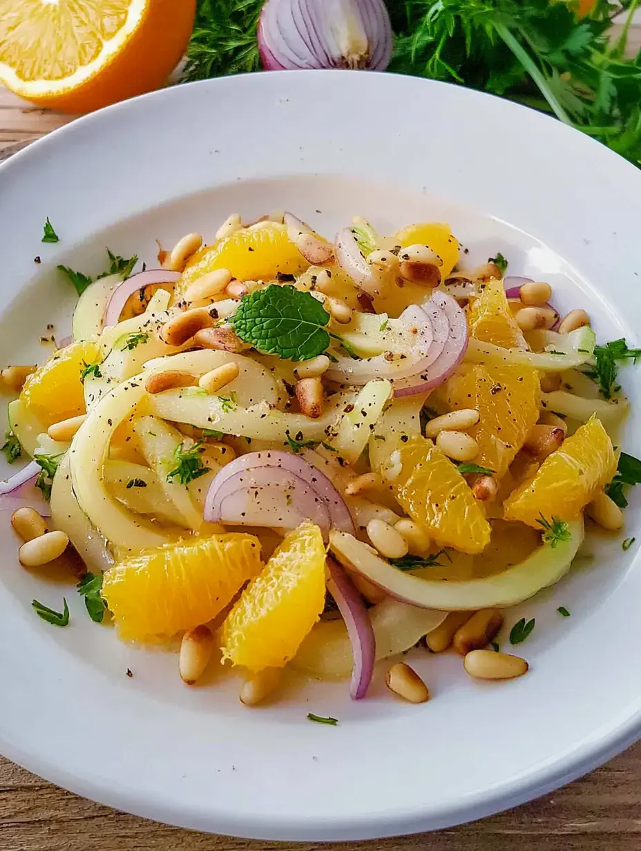 Ein knackfrischer Salat mit Äpfeln, Orangen, roten Zwiebeln, Pinienkernen und Kräutern in einer weißen Schale serviert.