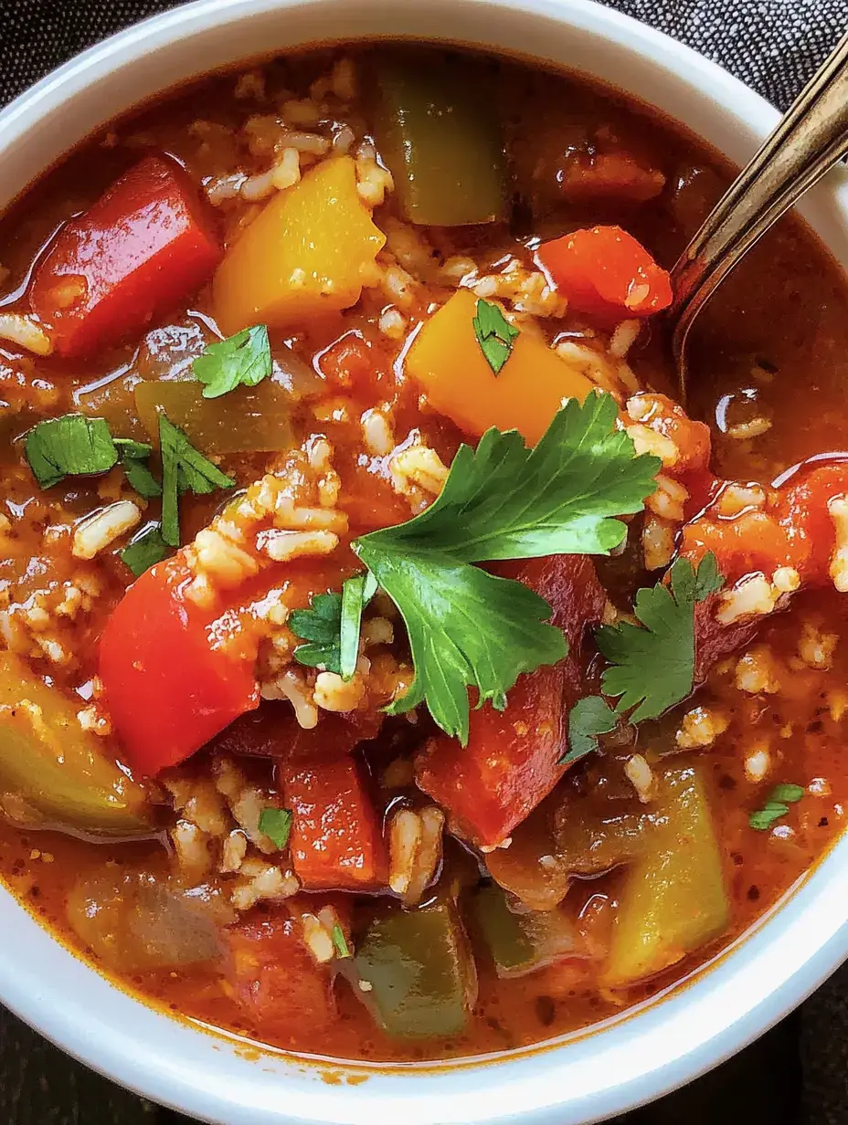 Eine leckere Schüssel mit bunter Suppe aus Reis, Paprika und Gemüse, obenauf Kräuter.