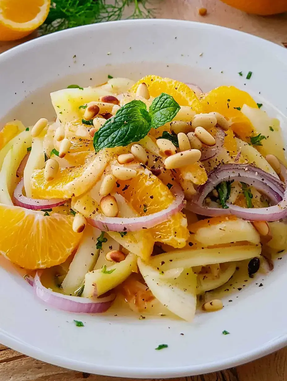 Ein frischer Salat mit Äpfeln, Orangen, roten Zwiebeln, Pinienkernen und etwas Minze in einer weißen Schüssel angerichtet.