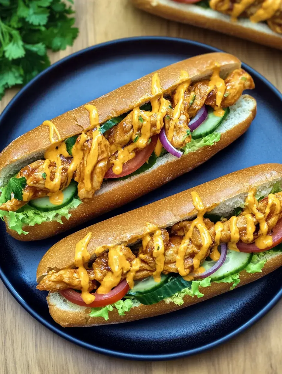 Auf einem blauen Teller liegen zwei Sandwiches, gefüllt mit Hähnchen, knackigem Gemüse und cremiger Sauce.