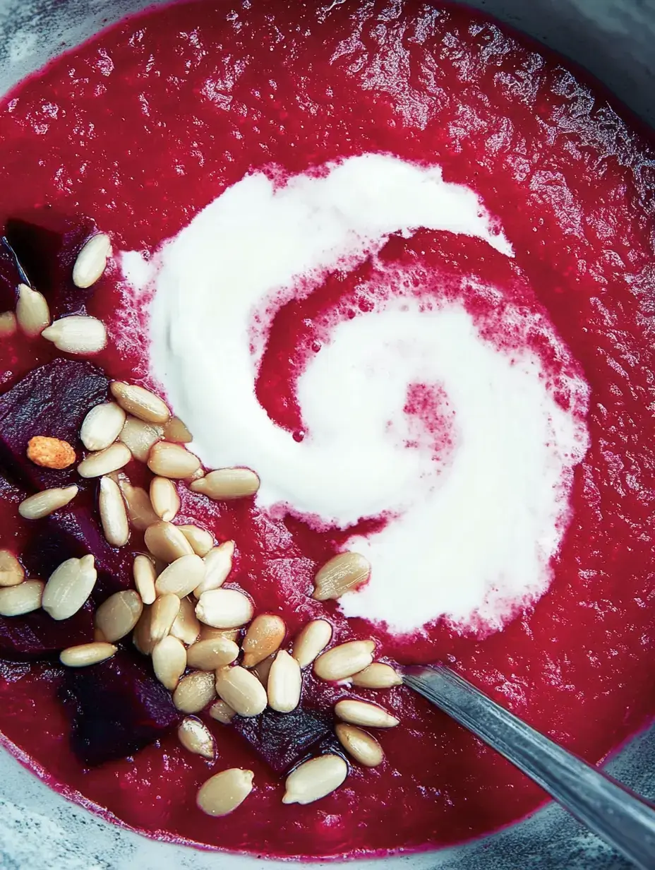 Tiefer Teller mit roter Suppe, dazu ein Klecks Sahne und ein paar Kürbiskerne.