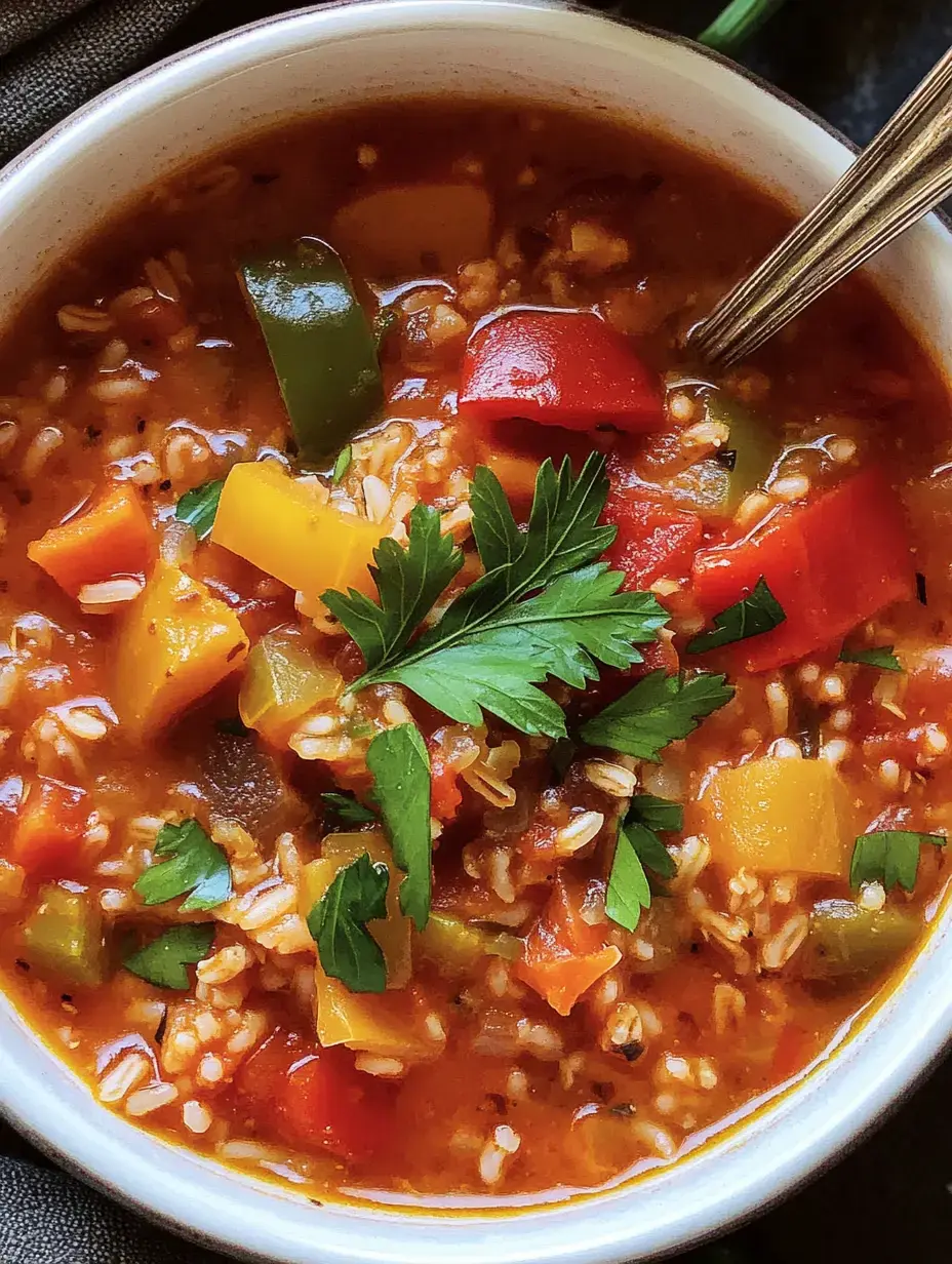 Eine Schüssel leuchtend bunter Suppe mit Reis, Paprikastückchen und Kräutern obendrauf.