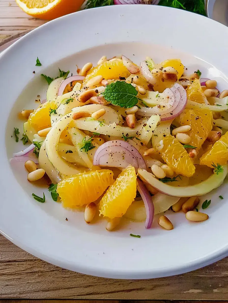 Ein Salat mit hauchdünnem Gemüse, Orangenstücken, roten Zwiebeln und Pinienkernen, garniert mit frischen Kräutern.