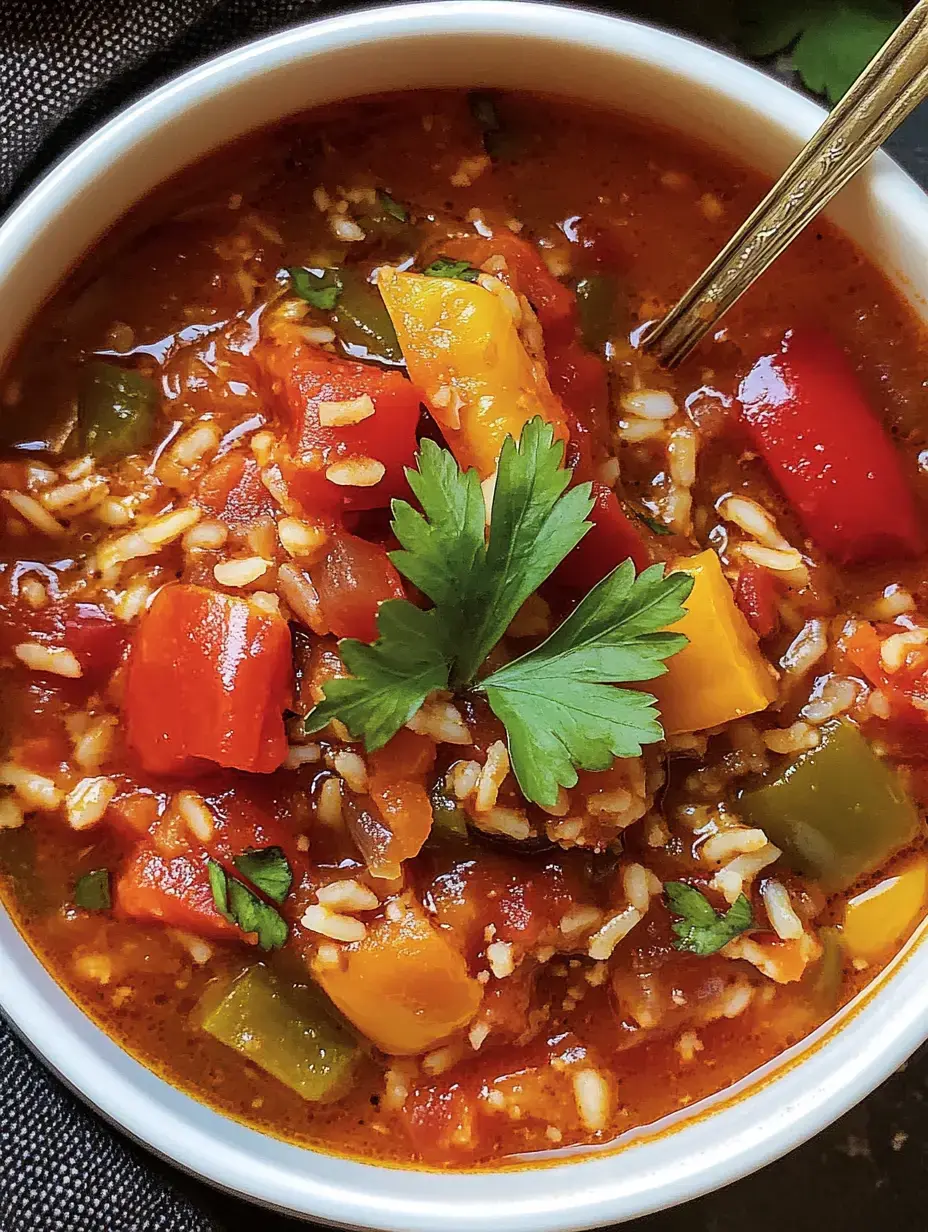 Eine bunte Schüssel Suppe mit Reis, frischen Kräutern, Paprikawürfeln und Tomatenbasis.