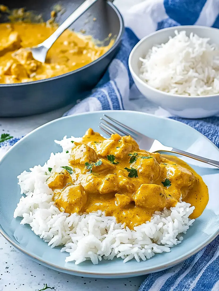 Ein Teller mit weißem Reis, darüber eine cremige Sauce mit Hühnchen, dahinter sieht man eine Pfanne mit dem selben Essen.