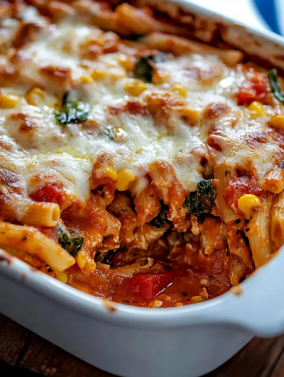 Eine Auflaufform mit Pasta, Spinat, Tomatensauce und viel geschmolzenem Käse, frisch serviert.