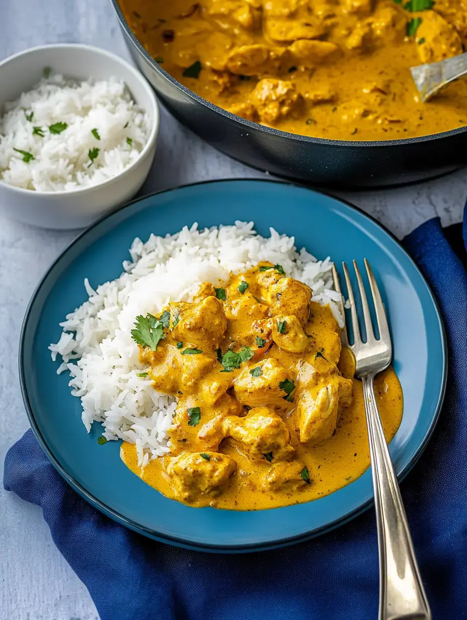 Reis auf einem Teller mit cremiger Hähnchen-Curry-Sauce, Koriander on top.