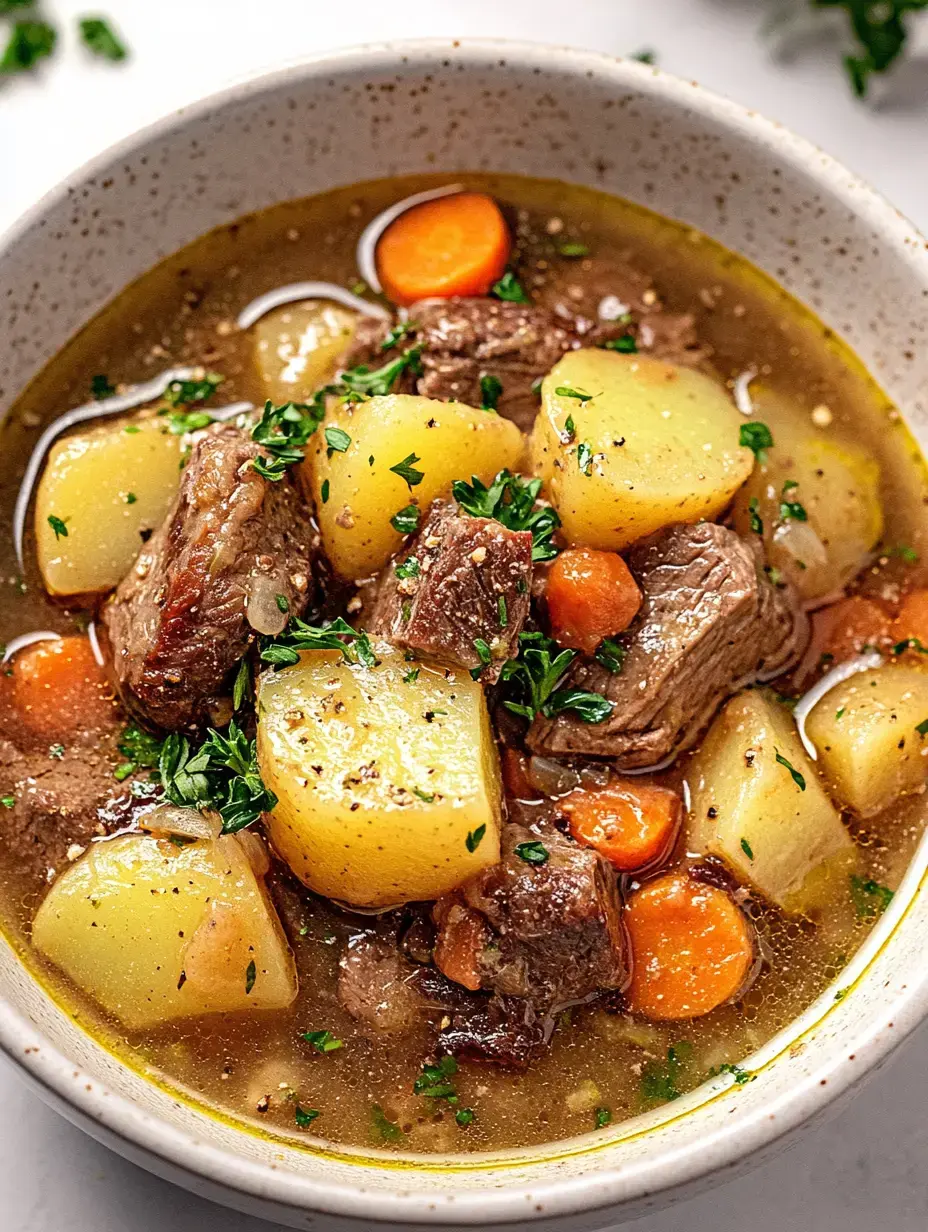 Ein großer Teller voller deftiger Suppe mit Karotten, Kartoffeln und frischen Kräutern.