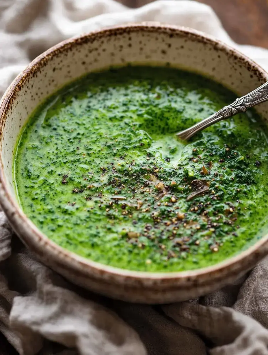 Eine grüne Suppe in einer Schüssel dekoriert mit Gewürzen und serviert auf Stoff.