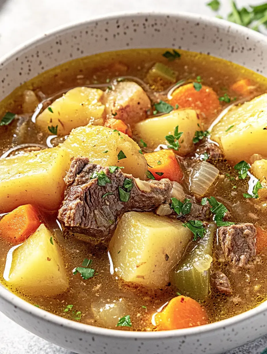 Eine große Schale voller Eintopf mit saftigem Fleisch, Kartoffeln, Karotten und Petersilie.