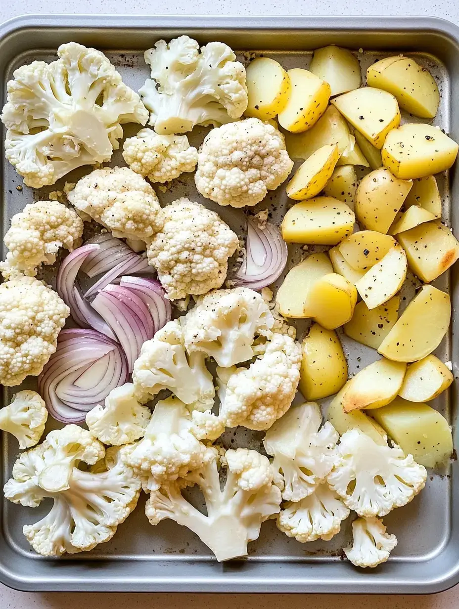 Ein Blech mit Blumenkohlröschen, roten Zwiebeln und gewürfelten Kartoffeln, gewürzt mit Pfeffer.