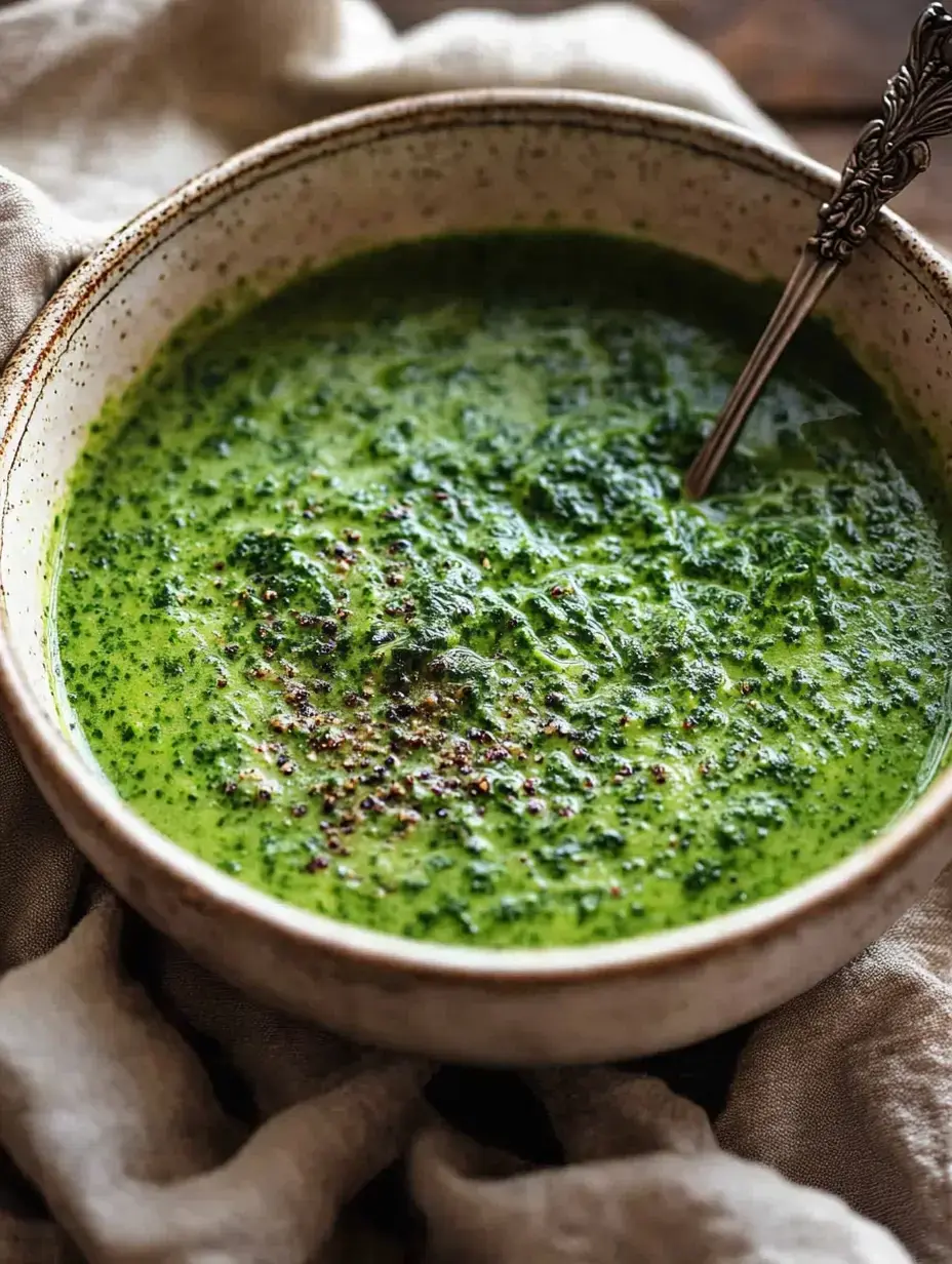 Eine Schale cremige grüne Suppe mit Pfeffer oben drauf – liegt auf einem grauen Stoff.