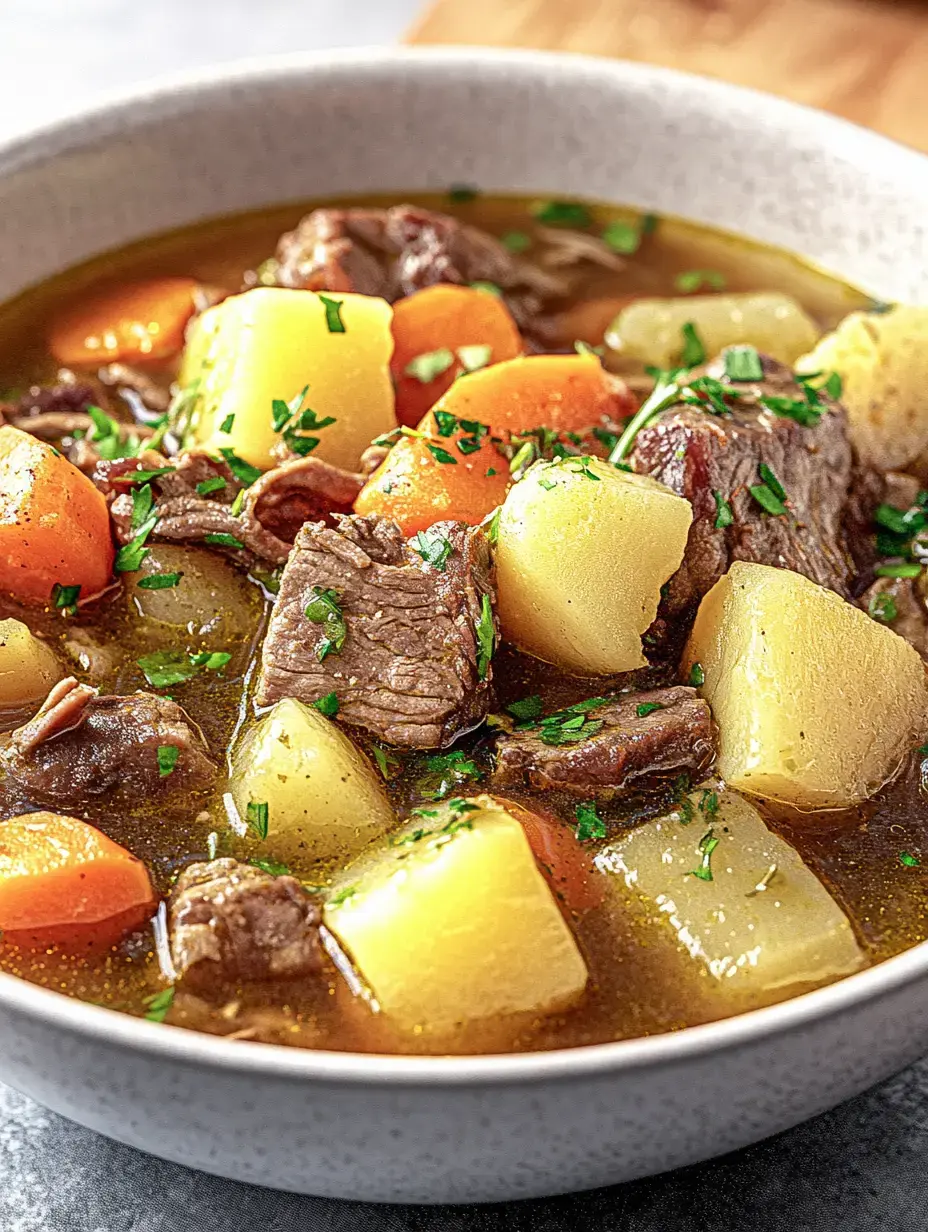 Eine große Schale mit kräftigem Eintopf und viel frischer Petersilie obenauf.