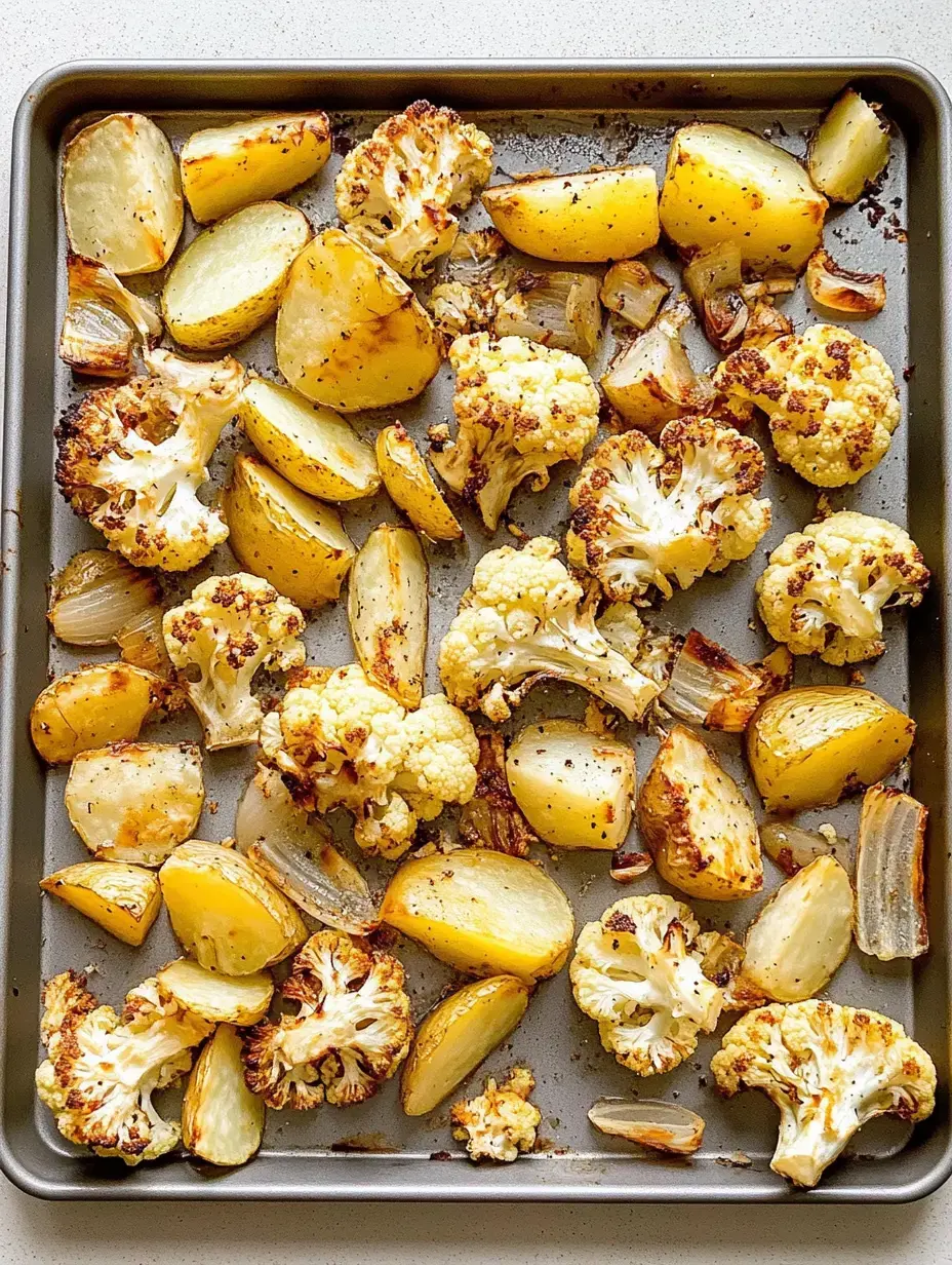 Ein Blech mit goldbraun geröstetem Blumenkohl und Kartoffeln, garniert mit Kräutern und Zwiebeln.