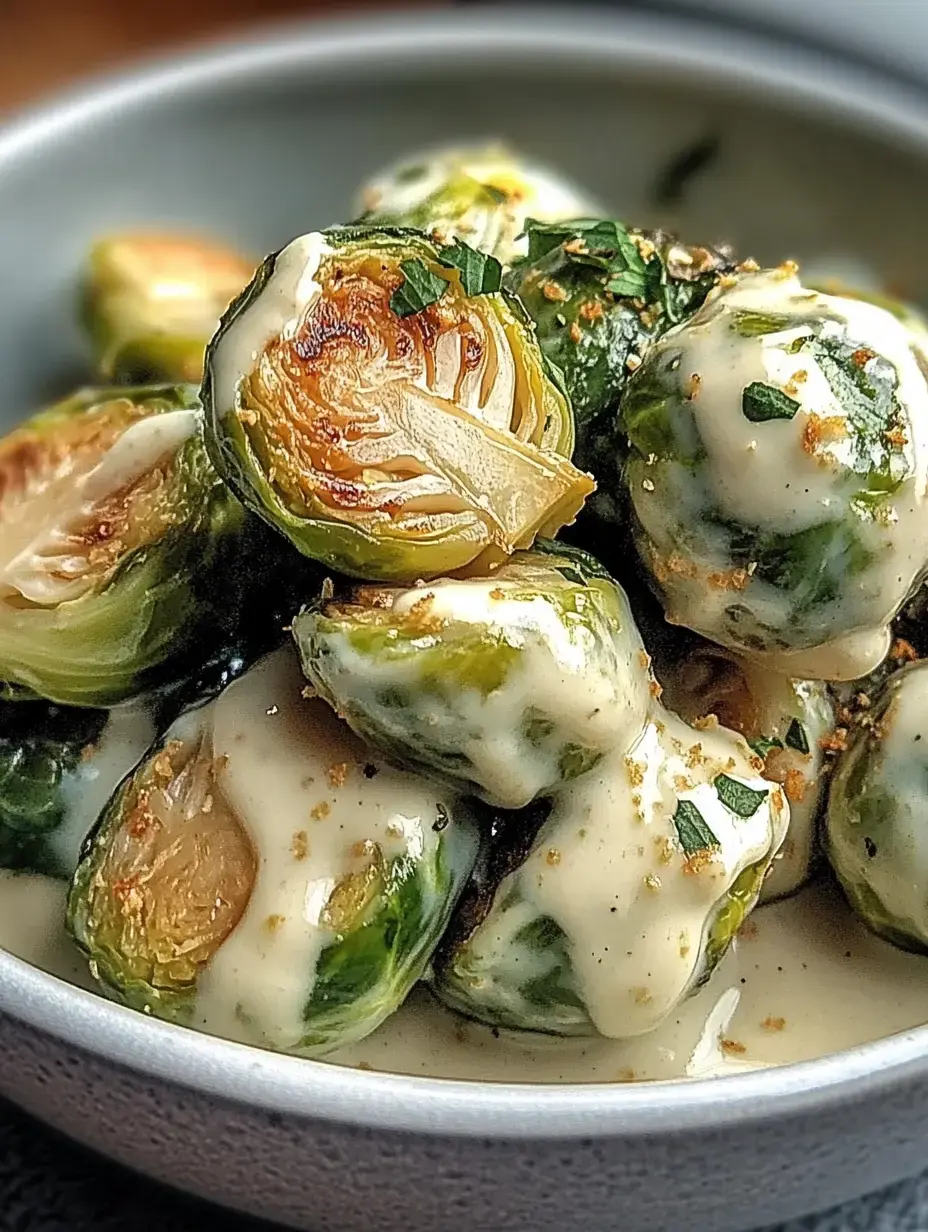 Frische Rosenkohlhälften liegen in einer Schüssel mit cremiger Sauce und kräftig Petersilie drüber.