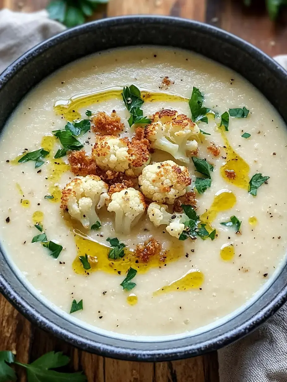 Eine Schüssel cremige Blumenkohlsuppe, garniert mit gebratenen Blumenkohlstücken, frischen Kräutern und einem Schuss Olivenöl.