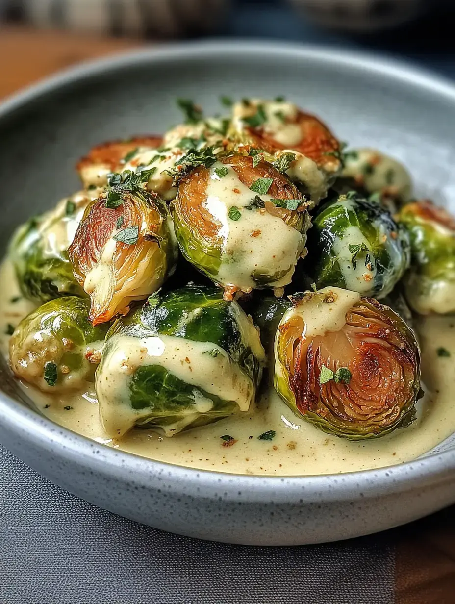 Ofenfrischer Rosenkohl auf einem Teller, großzügig mit cremiger Sauce überzogen und Kräutern garniert.
