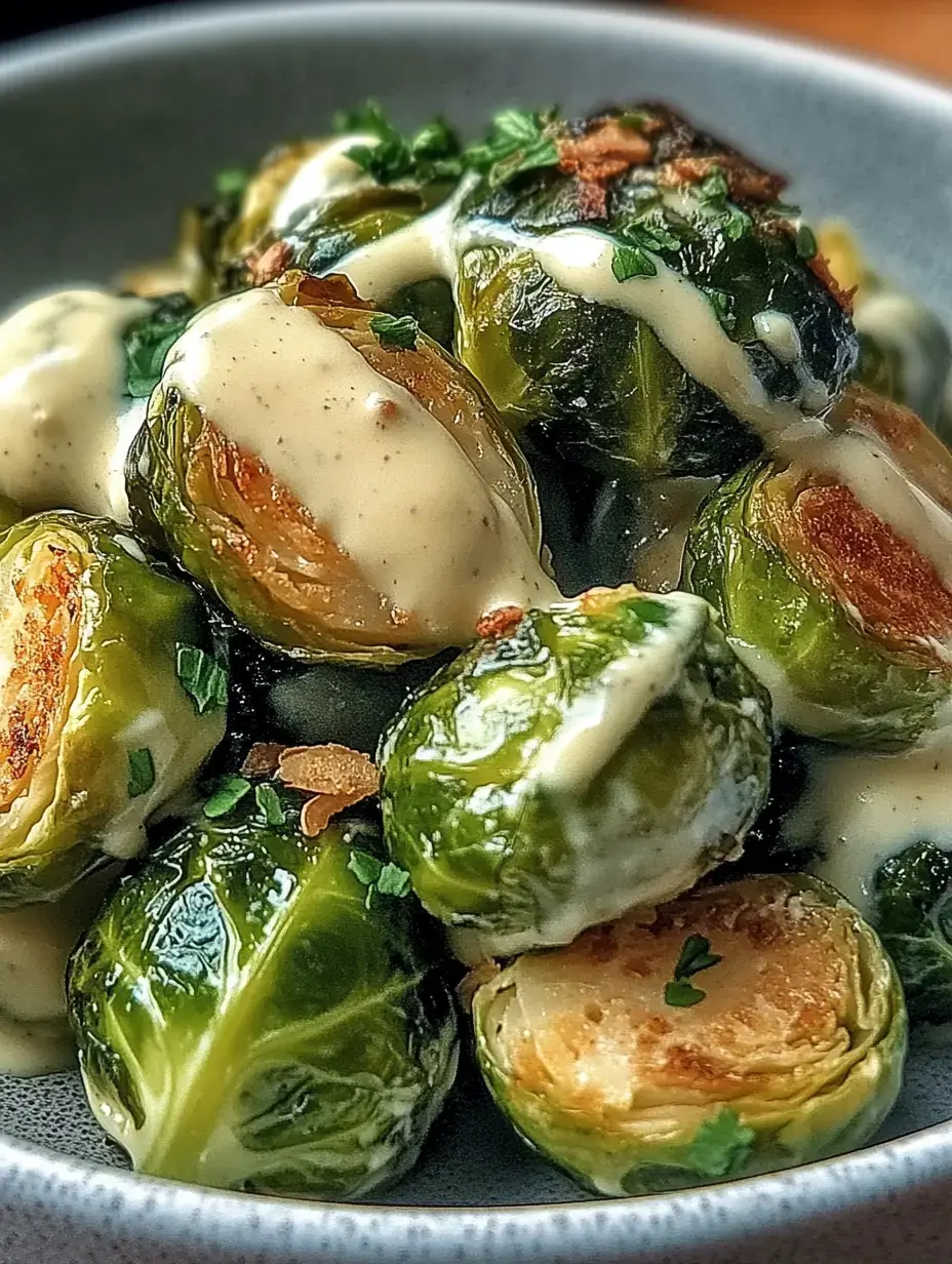Knackige Rosenkohlröschen in Nahaufnahme, mit viel cremiger Sauce und kleingehackter Petersilie bestreut.