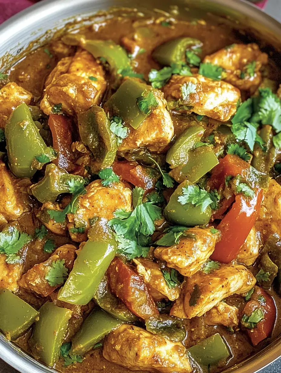 Auf dem Bild ist ein Schmorgericht mit saftigem Hähnchen, verschiedenfarbigen Paprikastücken und frischem Koriander in würziger Sauce zu sehen.