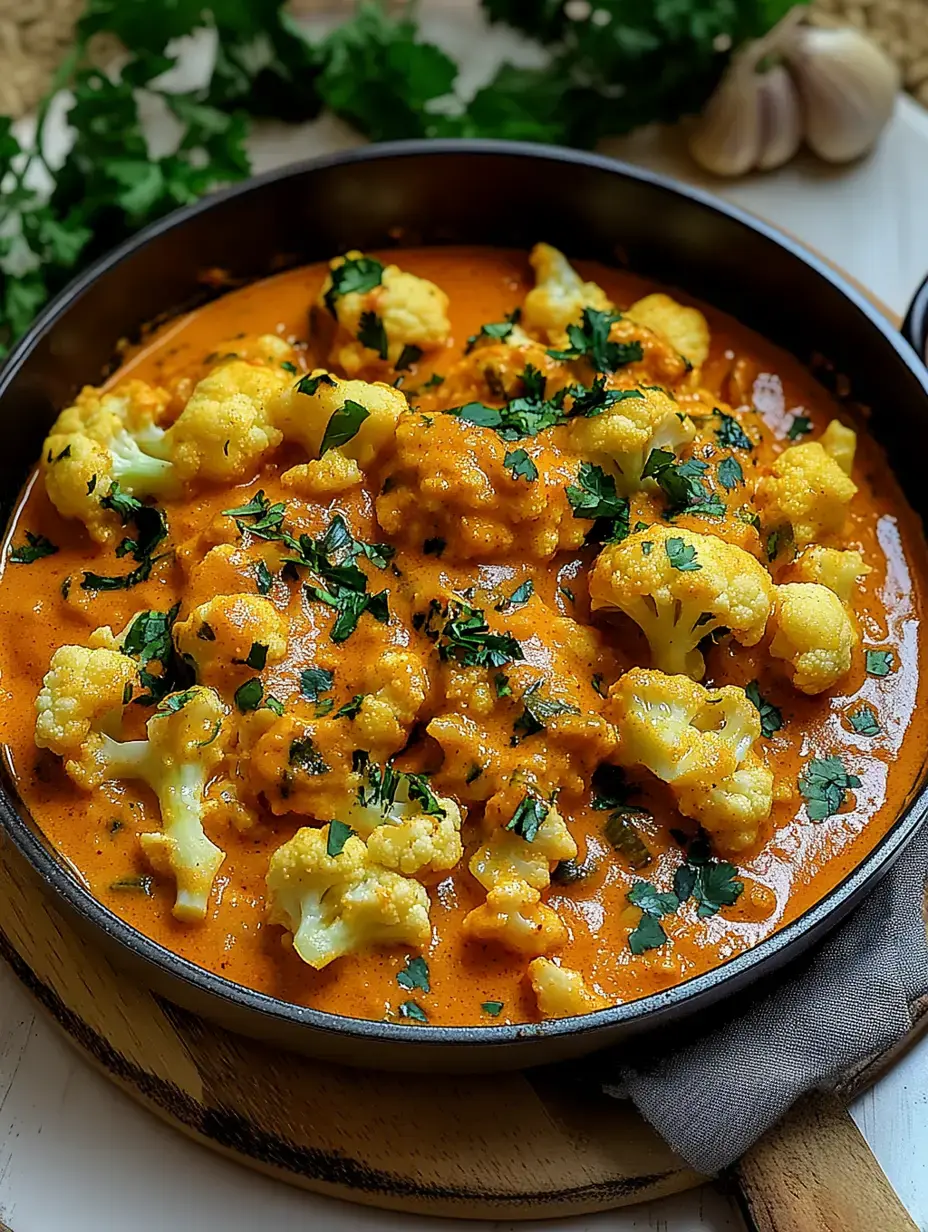 Großer Genuss: Blumenkohl, cremig-orangene Sauce, mit knackigem Koriander.