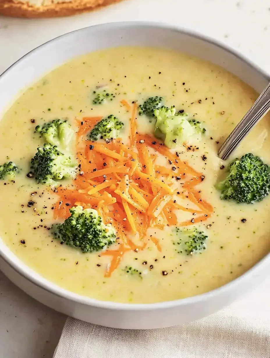 Eine Schale mit samtiger Brokkoli-Käse-Suppe, verziert mit frisch geraspelten Karotten und schwarzem Pfeffer.