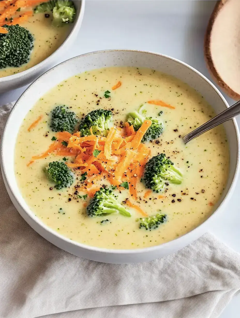 Eine Schale Brokkoli-Karottensuppe mit Karottenraspeln, Brokkoliröschen und Pfeffer auf einem hellen Untergrund.