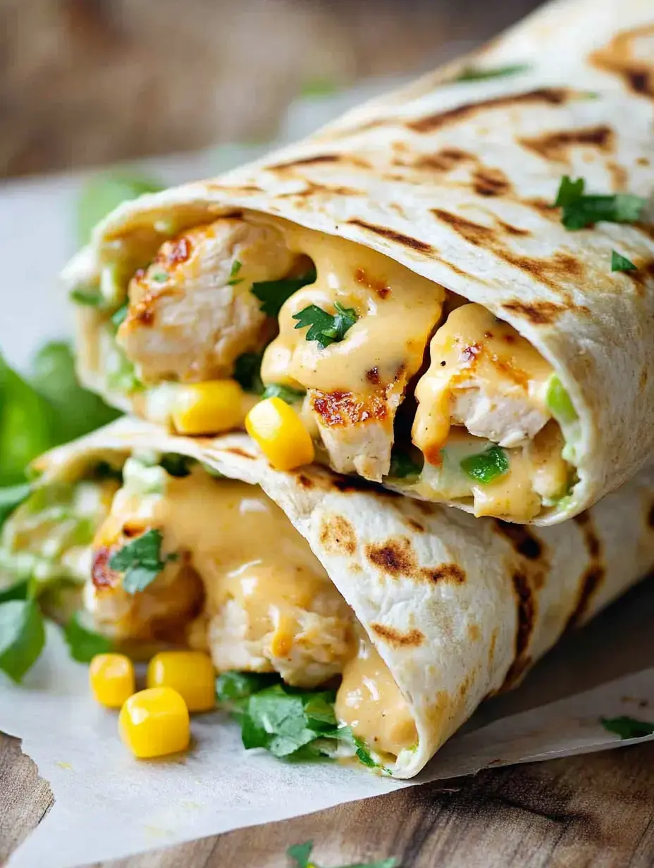 Zwei saftig gefüllte Tortillas mit gegrilltem Hähnchen, Mais, frischem Koriander und cremiger Soße.