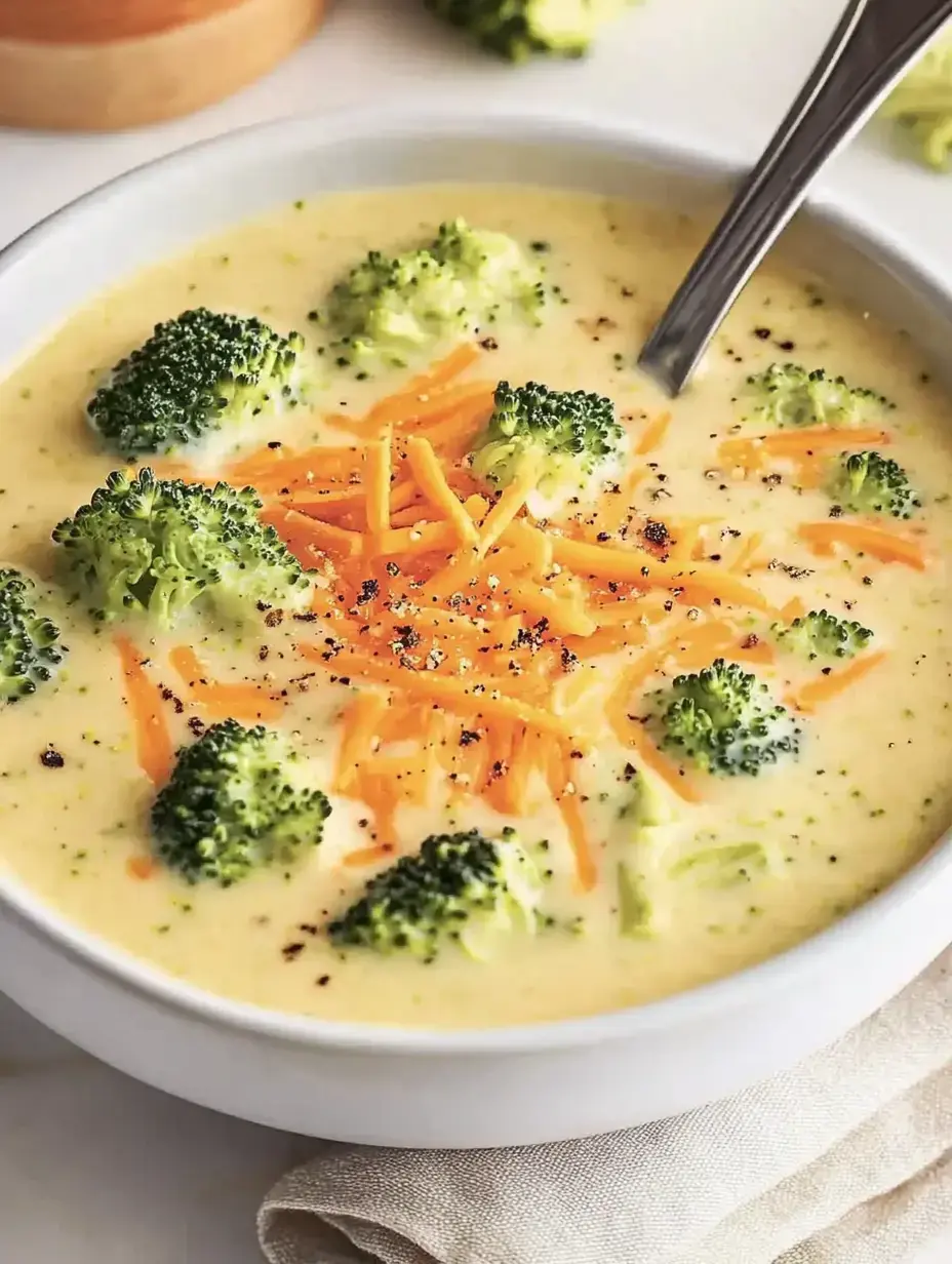 Eine Schale samtige Brokkoli-Käse-Suppe mit Brokkoliröschen und geriebenem Käse, garniert mit Pfeffer.
